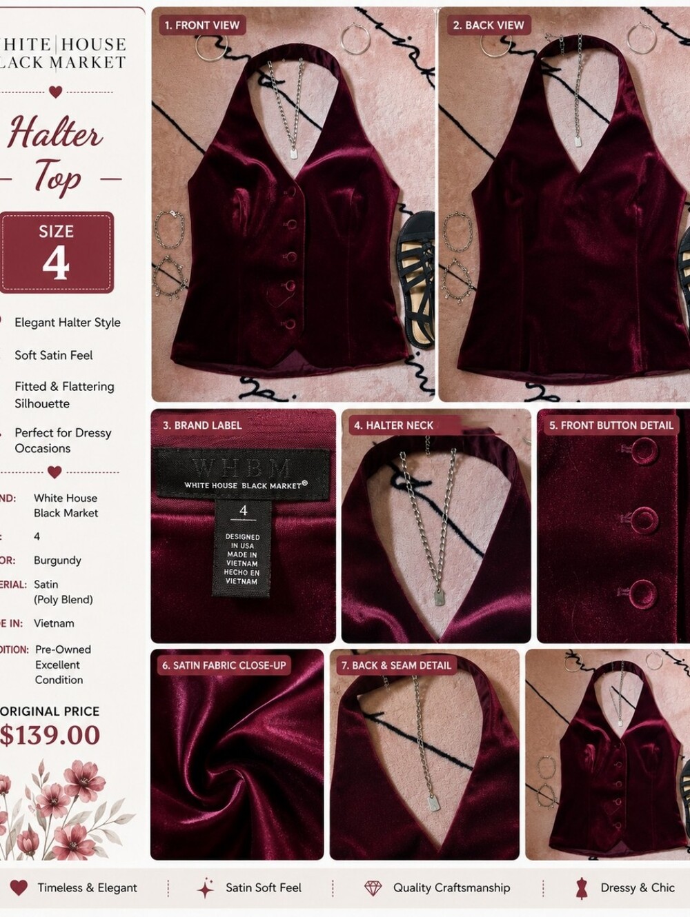 White House Black Market Burgundy Satin Halter Vest